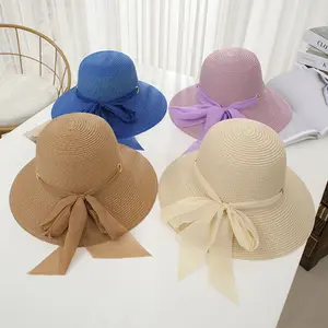 Yaz açık havada seyahat güneş şapkaları bayanlar kağıt kova şapka geniş Brim plaj hasır şapkalar düz renkli şerit