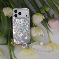 Coque de téléphone à motif floral en strass avec effet vague d'eau, cadre d'appareil photo en cristal et cordon perlé pour iPhone 11/12/13/14/15/16/17 Pro Max