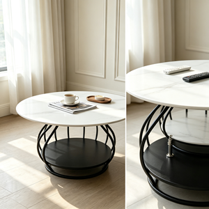 Table basse ronde moderne à 2 niveaux, plateau en pierre frittée veinée blanche, cadre en métal courbé noir, table centrale pour canapé de salon - Product Image 4