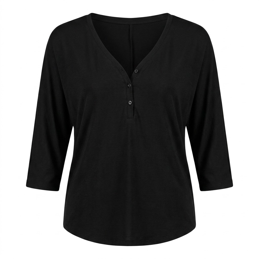 Customized Black V Neck Henley Top Long Sleeve Slim Fit Ribbed Tee Streetwear Women High Quality Personalized Logo Print T-shirt