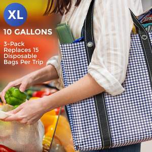 Creative Green Life Paquete de 3 bolsas de comestibles reutilizables de alta resistencia Asas fuertes de fondo duro a cuadros azules Compras plegables - Product Image 6