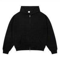 Hoodie Zipper Pria Bordir Custom Grosir 320g French Terry Bernapas, Model Boxy Fit, Tekstur Matte Hitam