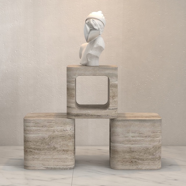 Modern Danish Cubic Side Table Set 3-piece Grey Travertine Marble for Livingroom Showcase Display Mini Home Furniture