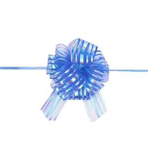 Heißer Verkauf 4 Zoll weiß schillernden Regenbogen Organza gestreift neues Material Pom Pom Pull Bow