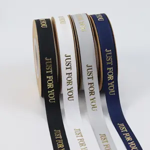 Custom made gold foil print logo on polyester Tuff ribbon for gift