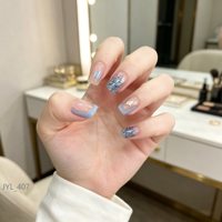 Faux ongles carrés personnalisables en ABS, 24 pièces, bleu nude avec motifs géométriques scintillants, réutilisables, pour doigts courts