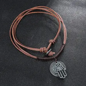 Genuine Leather Rope Necklace Death Turkish Evil Eyes Hamsa Palm Fatima Pendant Choker Charm DIY Necklace Retro Boho Tibetan