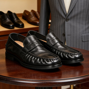 Mocasines de cuero genuino para hombre, punta redonda, sin cordones, suela de goma, para todas las estaciones, zapatos casuales de negocios - Product Image 3