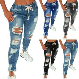 Jeans Mujer Gaya Baru Wanita Kualitas Tinggi, Celana Denim Biru Ketat Ketat Sobek, Jeans Wanita