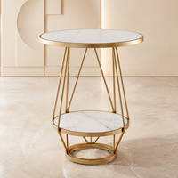 Table basse ronde moderne en pierre frittée, portable, avec cadre en fer géométrique couleur or champagne et étagère de rangement inférieure, directement de l'usine