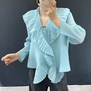Abrigo corto plisado Miyake, novedad de otoño 2026, ropa de protección solar, blusas con volantes franceses para mujer, tallas grandes - Product Image 4
