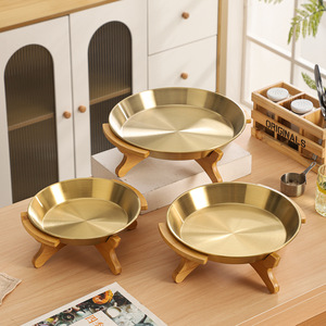 GY Stainless Steel Round Dinner Plate With <b>Bamboo</b> Stand Solid Color Fruit Platter ASTM Standard Superior Quality - Product Image 3