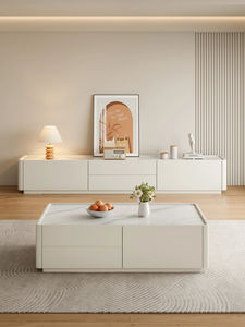 Ensemble console <span class=keywords><strong>TV</strong></span> et table basse blanc crème moderne : matériau éco-responsable, finition haute brillance, rangement avec tiroirs - Product Image 2