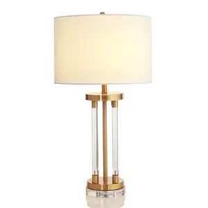 Nordic Luxury Living Room Fabric Ivory Shade Glass Bronze Plated Interior Lamps LED Home Decor Hospitality Crystal Table Lamps