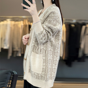 Cárdigan LARGO DE Cachemira 100 para mujer Otoño e Invierno V Tie Pocket Jacquard abrigo grueso suéter suelto cárdigan de punto - Product Image 6