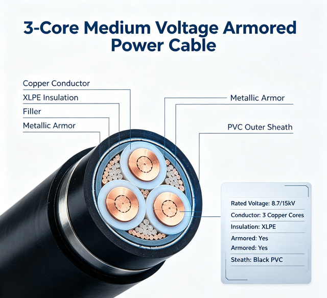 3 Core Copper Conductor Medium Voltage Armoured XLPE Insulated Power Cable
