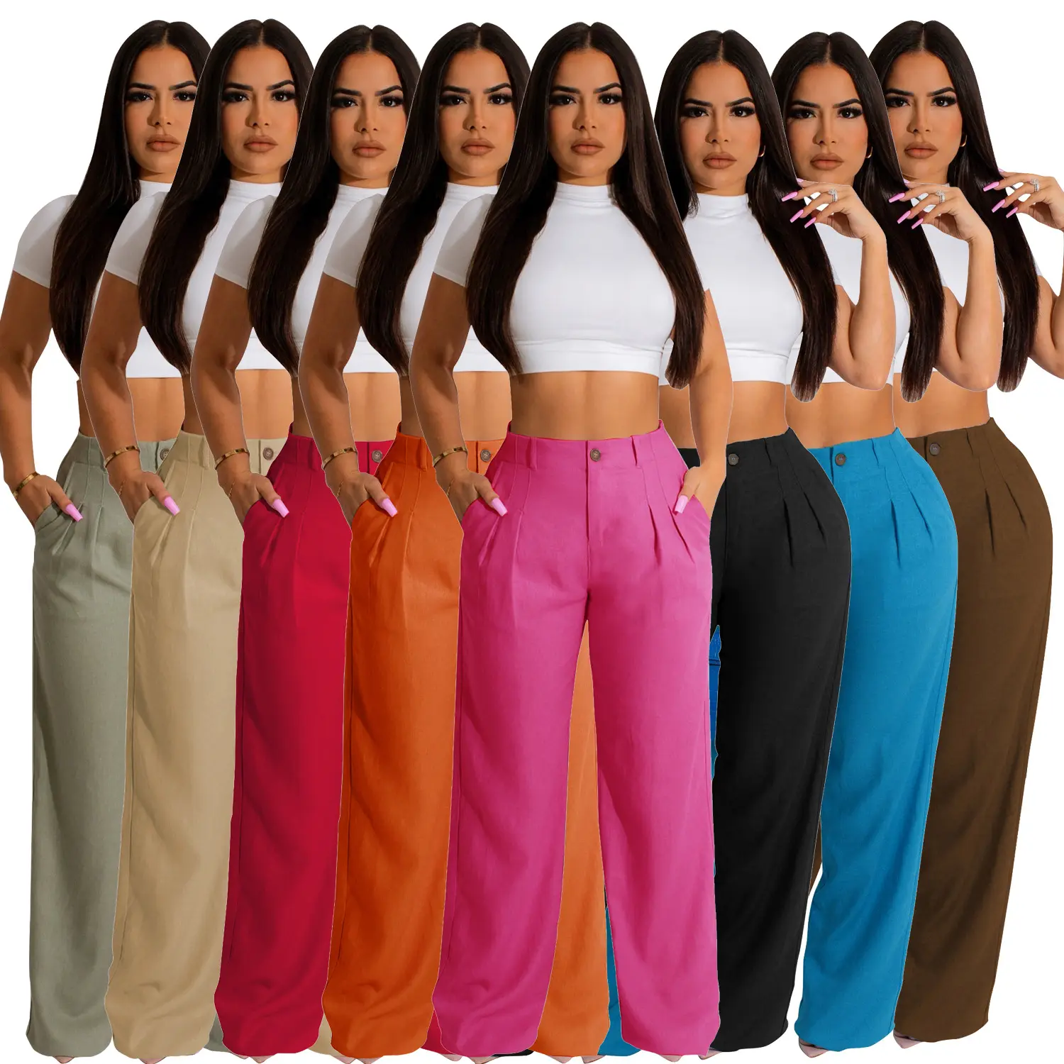 Pantalones de lino y algodón de alta calidad para mujer, pantalón informal de pierna ancha y cintura alta, ropa de calle de talla grande