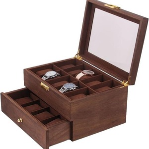 Caja de almacenamiento de relojes de madera maciza de doble capa con tapa de cristal y cajón para organizar joyas 29x21,5x15cm - Product Image 5