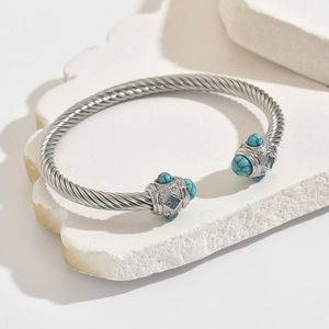 Brazalete de Cable Trenzado Abierto de Acero Inoxidable Chapado en Oro de 18K de Alta Calidad con Piedra Natural para Mujer, Pulseras de Moda - Product Image 4