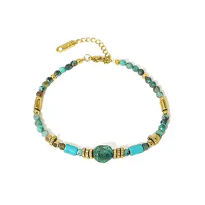 Bohemia Adjustable 18K Gold Plated Stainless Steel Tube Beads Bracelet Natural Stone Turquoise Beaded Bracelet