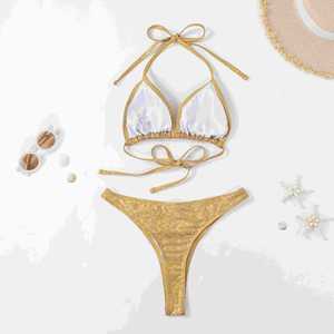 Nuovo costume da bagno sfacciato in metallo con maglia triangolare <span class=keywords><strong>dorato</strong></span> con gamba alta Bikini - Product Image 3