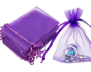 紫色欧根纱透明面料，拉绳经典礼品袋，适合婴儿淋浴，糖果，圣诞礼物