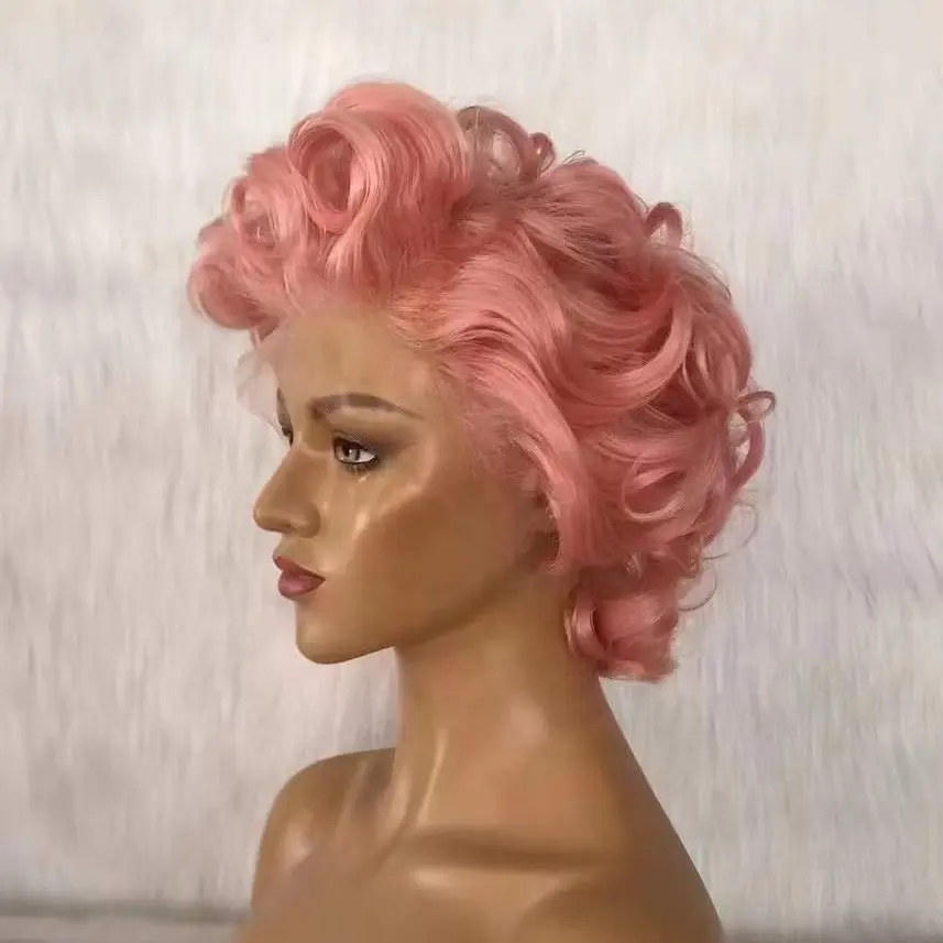 hot selling pixie wig curly 13*4 high quality perruque pixie brazilian hair drop shipping pink wig with bangs human hair