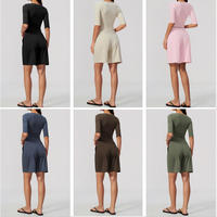 Set Yoga Wanita Terbaru Slim Fit Atasan Lengan Setengah Panjang Celana Pendek Olahraga Pinggang Tinggi Model Kaki Lebar Bahan Stretch Lembut untuk Fitness dan Lari