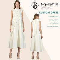 Robes midi élégantes en satin blanc à fleurs 3D pour femmes, sans manches, col montant, amples et fluides, de luxe, pour invitées, vente en gros