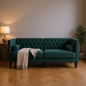Dark Green Velvet Chesterfield <b>Sofa</b> Tufted Back Two Seat Living Room Furniture Wood <b>Legs</b> - Product Image 2