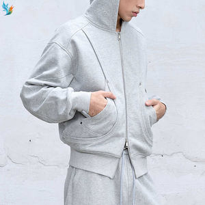 Vente en gros éponge française délavé à l'acide gris 100% coton vieilli teint à froid Boxy Crop fermeture éclair complète sweat à capuche vierge pour hommes - Product Image 6