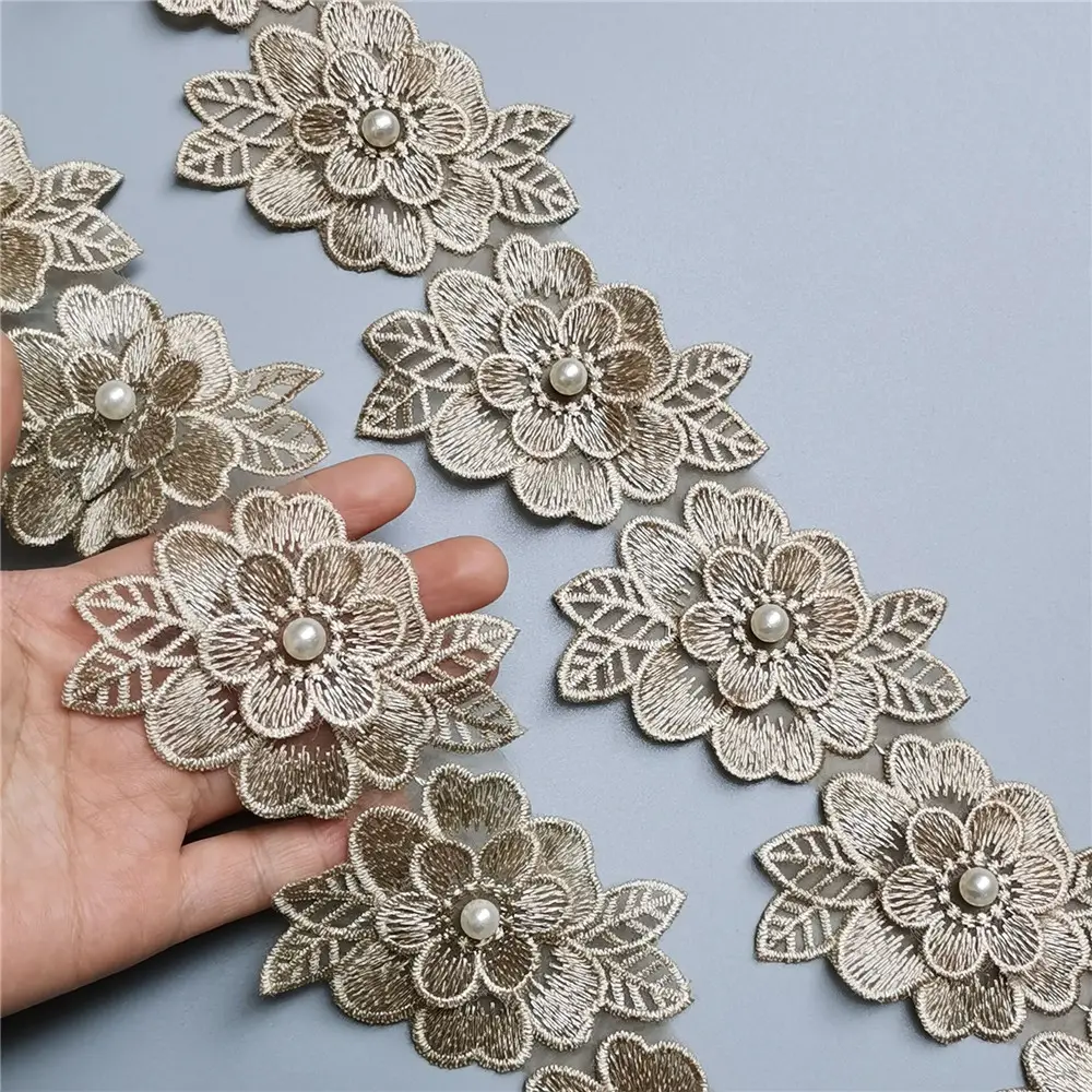 7,5 cm * 8cm Gold Pearl Flower Bestickte Spitze Rand Trim Band Stoff Patchwork Brautkleid DIY Näh zubehör Handwerk