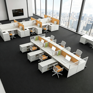 Postazione di Lavoro per Ufficio con Mobiletto, Scrivania Modulare con Partizione in Vetro, Tavolo per Personale - Product Image 6