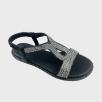 Sandales d'été à bout ouvert avec bride en T et strass pour femme, sandales plates décontractées légères à enfiler avec bride arrière élastique et garniture à rivets