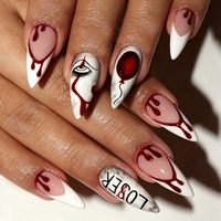 24 Pièces – Offre Spéciale – Faux Ongles Artificiels – Motif Fantôme de Dessin Animé – French Almond Rond – Ongles à Presser pour Décoration d'Ongles d'Halloween