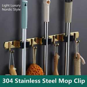 Support <span class=keywords><strong>mural</strong></span> en acier inoxydable de haute qualité pour <span class=keywords><strong>balai</strong></span> et serpillière avec 3 clips et 4 crochets, rangement d'outils, organisateur pour salle de bain - Product Image 3