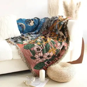 woven throw rug blanket outdoor jacquard wholesale custom art floral Home decor