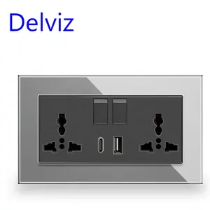 Delviz Switch Control 13a Stekker Stopcontact, 5V Usb Poorten Kristalglas Paneel, Universeel Type C Usb Dubbele Stopcontact