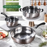 Ensemble de cuisine trois pièces en gros pour fabricants – Ustensiles de cuisson pour la maison : marmite, casserole à lait, poêle à frire – Coffret cadeau avec couvercles transparents style coréen