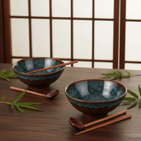 Ensemble de bols en céramique de 8 pouces avec baguettes et cuillères pour ramen, pho, soba, soupe miso - Design zen asiatique vert paon pour offrir en cadeau