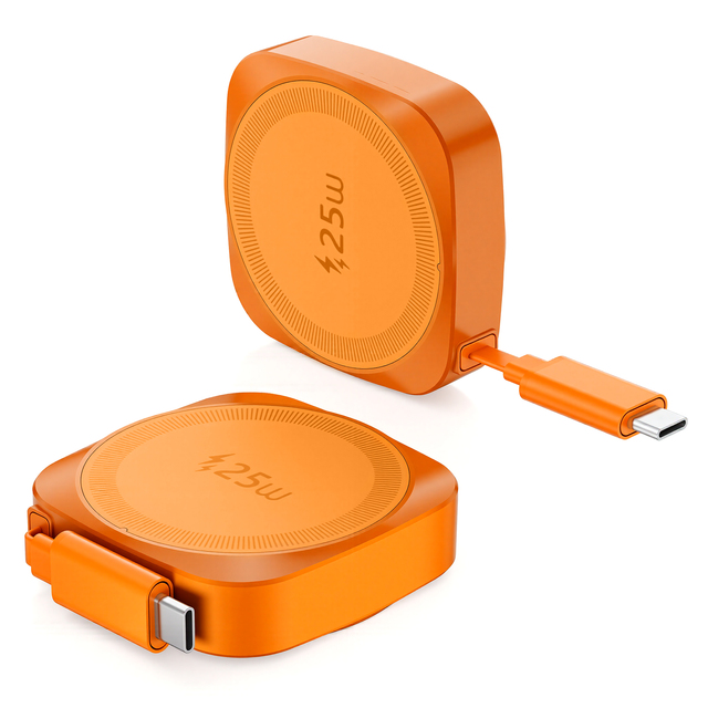25W Magnetic Wireless Charger with Retractable Cable USB--C in Small Size Portable for Travel to Used for iphone 17