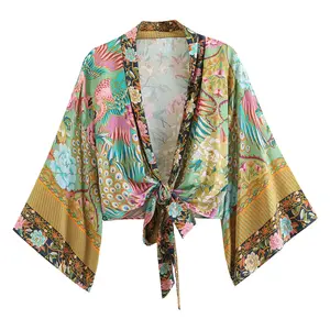 S-XL New European and American Fashion Print V-neck Batwing Sleeves Bohemian Cover Up Shirt