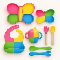 Ensemble d'alimentation pour bébé en silicone motif papillon : assiette à ventouse, bavoir, tasse d'apprentissage, cuillère, fourchette, vaisselle pour enfants