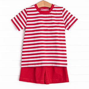 Vestiti abbinati per ragazzi Set corto rosso per la personalizzazione del ragazzino vestito di cotone a righe per bambini - Product Image 5