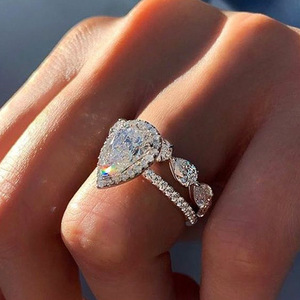 Anillo de mujer con forma de lágrima, conjunto de anillos de moda con piedra brillante, joyería elegante para los dedos - Product Image 1
