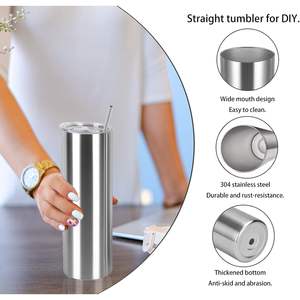 Vaso de acero inoxidable de 20 oz con aislamiento al vacío, con tapa y pajita reutilizable para uso en exteriores, oficina y hogar, color plateado. - Product Image 6