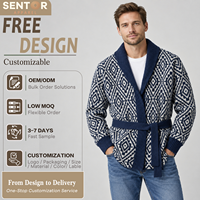 Cardigan en tricot jacquard géométrique à col châle pour homme avec ceinture, manches longues, ouverture sur le devant, épais et chaud, style pull-manteau