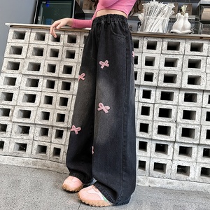 <span class=keywords><strong>Pantaloni</strong></span> Casual da ragazza con fiocco ricamati in Denim nuovo Design nero a gamba larga per gli studenti delle scuole medie per la primavera autunno - Product Image 2