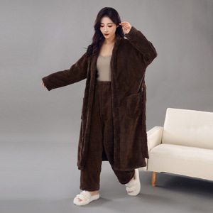 Conjunto de Bata de Tafetán con Cuello Alto y Manga Larga, Forro Polar Grueso, Ropa de Dormir para Mujer, Ropa de Estar para Parejas, Talla Única - Product Image 3
