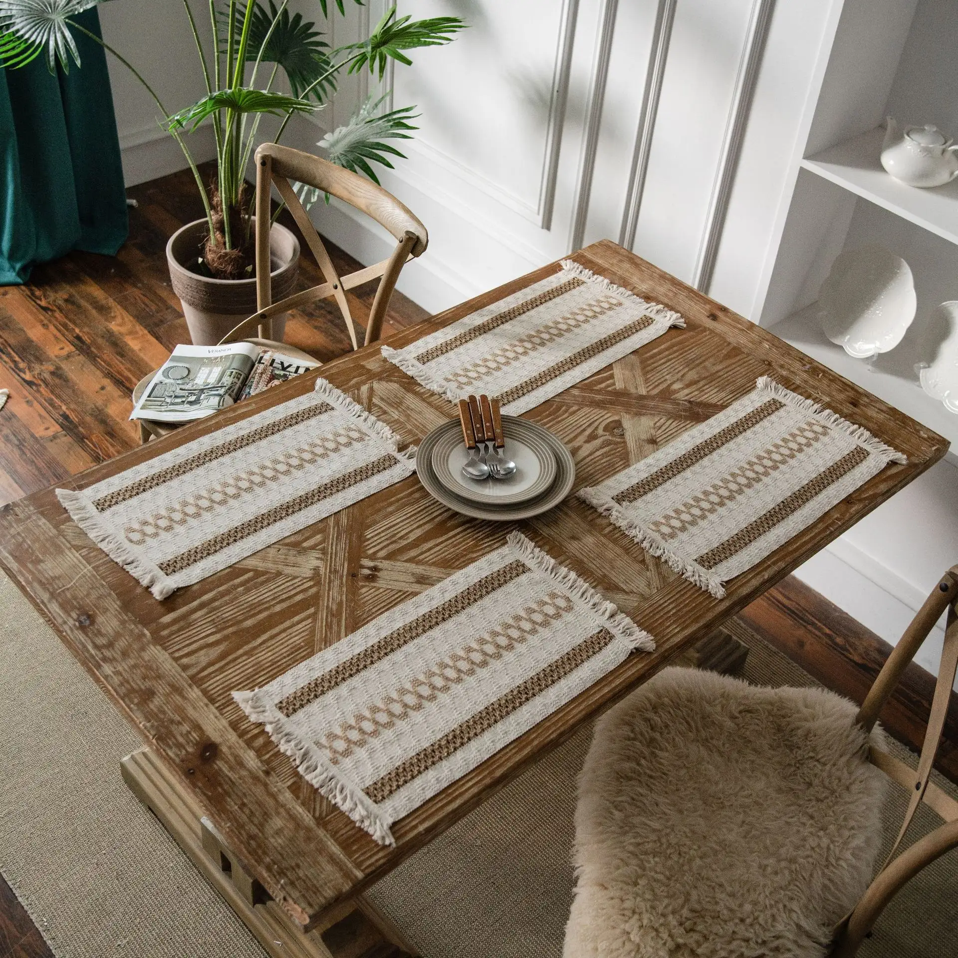 Amerikanische Baumwolle & 100% natürliches Leinen hand gefertigte gewebte Streifen feste Quasten Tisch läufer Esstisch Matte Plater Matte Stuhl polster